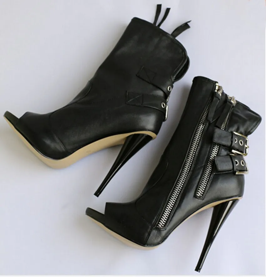 

Bota Feminina peep toe double ankle strap spike heel ankle boots genuine leather punk zipper high heel woman pumps