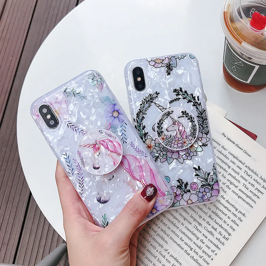 Lovely Unicorn Flower Case For iPhone X XR Max 7 6 6S 8 Plus Soft Cartoon Cute Bracket Colorful Floral Phone Cases Cover | Мобильные