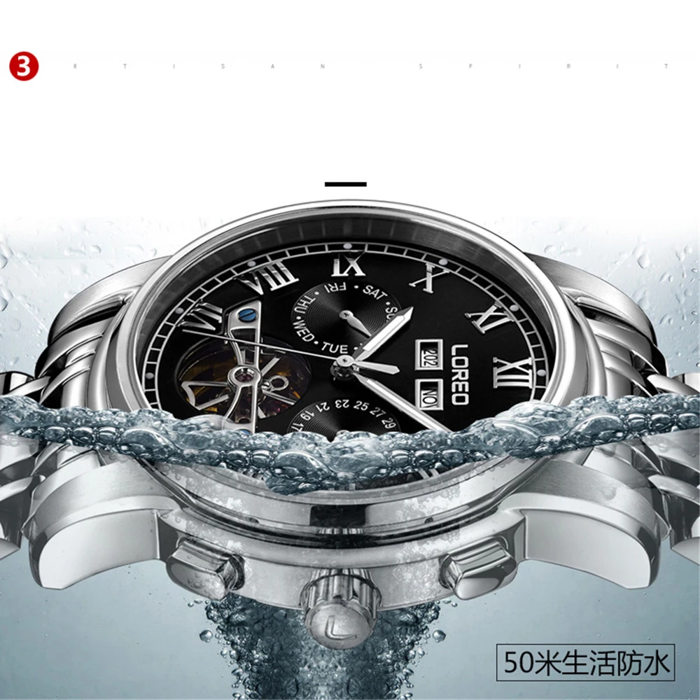 

LOREO 50m Diving Tourbillon Mechanical Watch Men Automatic Classic Perpetual Calendar Skeleton Wrist Watches Reloj Hombre 2019