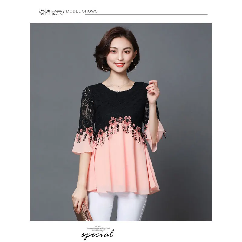 Новый для женщин шифоновые блузки с кружевом топы корректирующие 2019 сезон: