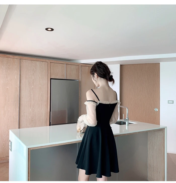 Женское платье с рукавами фонариками черное повседневное облегающее Сетчатое А