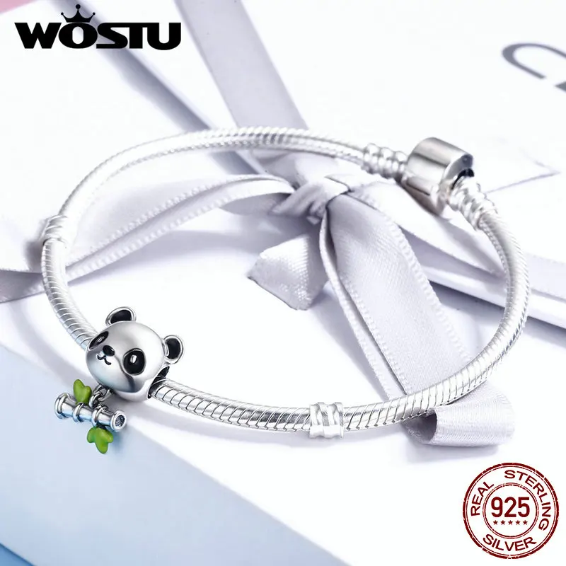 WOSTU Романтический 925 стерлингового серебра Прекрасный бамбук и панда животных Шарм подходит девушке подвески ювелирный браслет сделай сам подарок для девочек DXC325