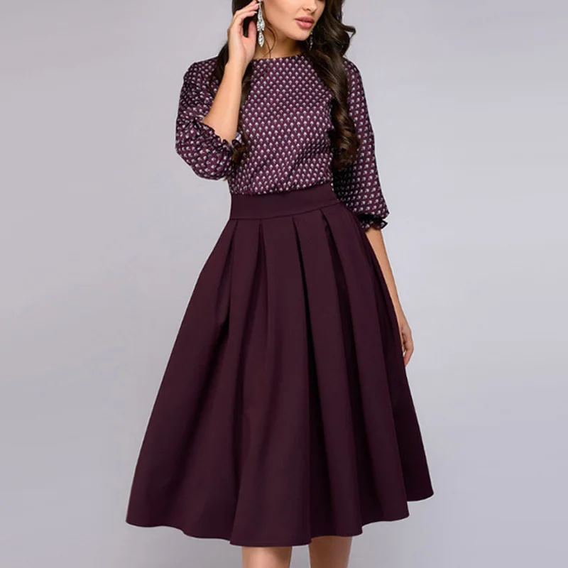 Новое Женское осеннее платье с круглым вырезом и рукавами 3/4 принтом высокой