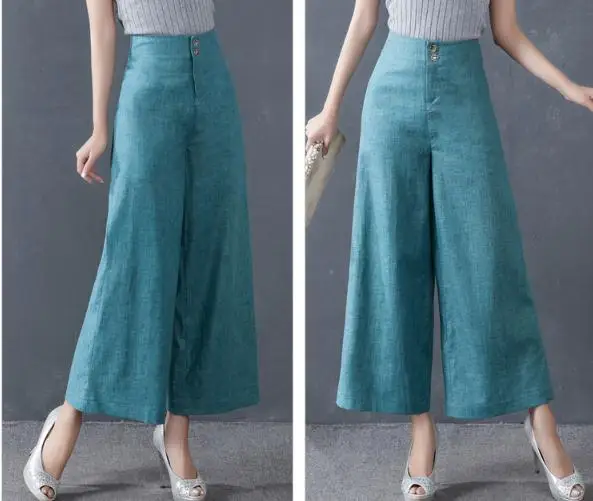 Summer Spring Casual Women Blue Wide Leg High Waisted Linen Ankle Length Trousers Slim Female Woman Loose Pants | Женская одежда