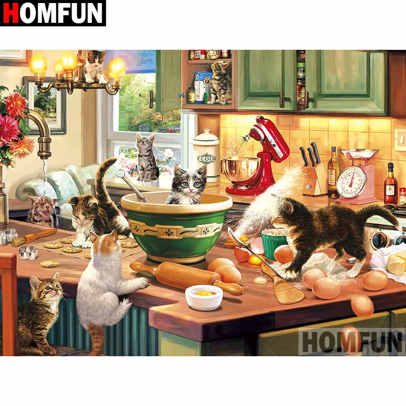 

HOMFUN Full Square/Round Drill 5D DIY Diamond Painting "Animal cat kitchen"3D Diamond Embroidery Cross Stitch Home Decor A20160