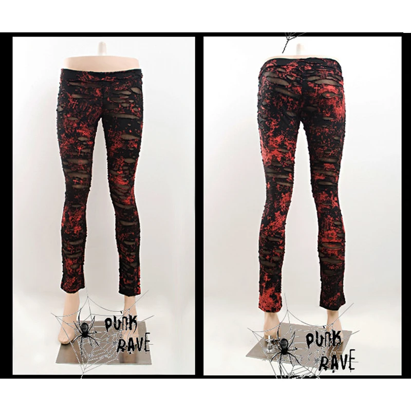 Gothic Women Broken Mesh Leggings Steam Punk Black And Red Women's Holes Ripped Leggings