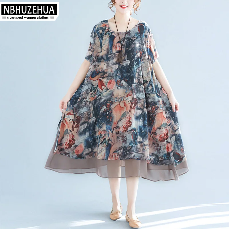 NBHUZEHUA A18 4XL 5XL Women's Chiffon Dress Bohemia Beach Retro Big Size Summer Dresses | Женская одежда