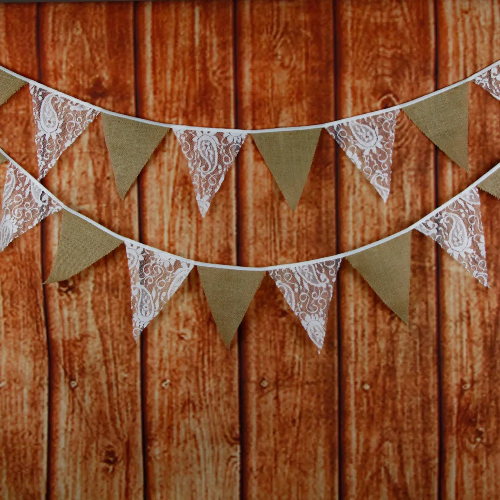 

3M 12 flags Burlap Flower Style Lace Wedding Decoration Bunting Vintage Banners Photo Prop Home Room Decor