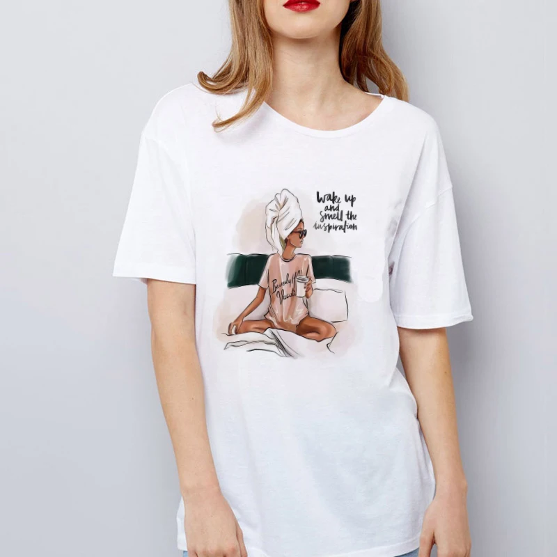 LUSLOS кофе девушка женская футболка Летняя с коротким рукавом Homme забавные белые