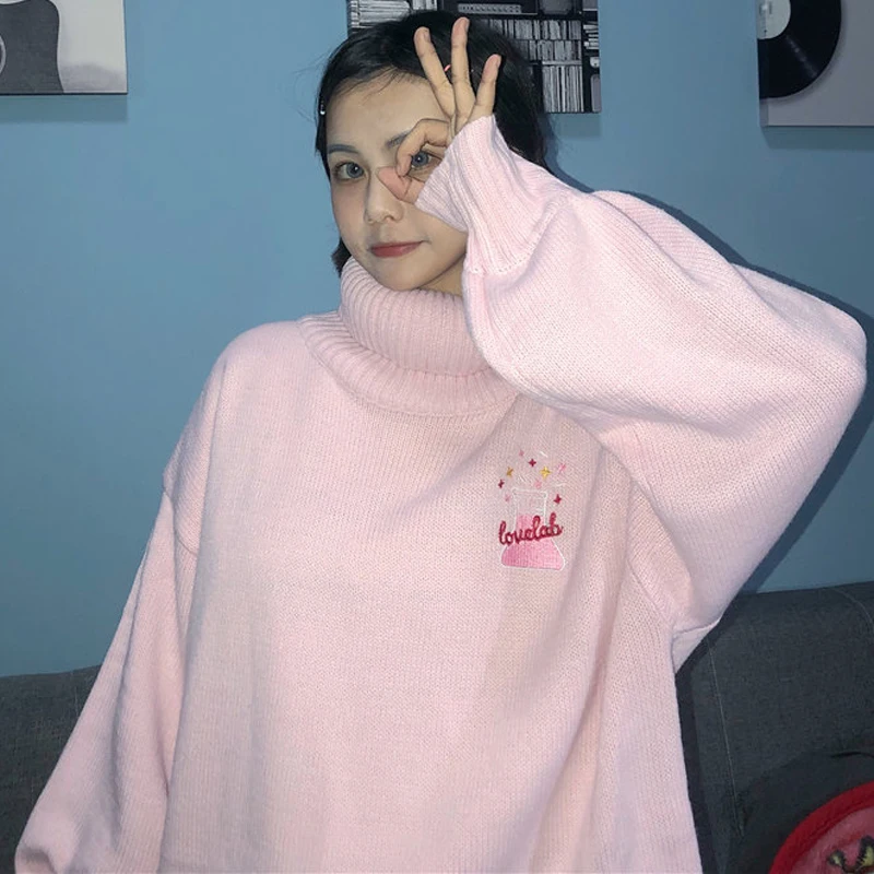New Autumn Sweater Cotton Women 2019 Fashion High Collar Pink Loose Harajuku Cartoon Embroidered Female #6071 | Женская одежда