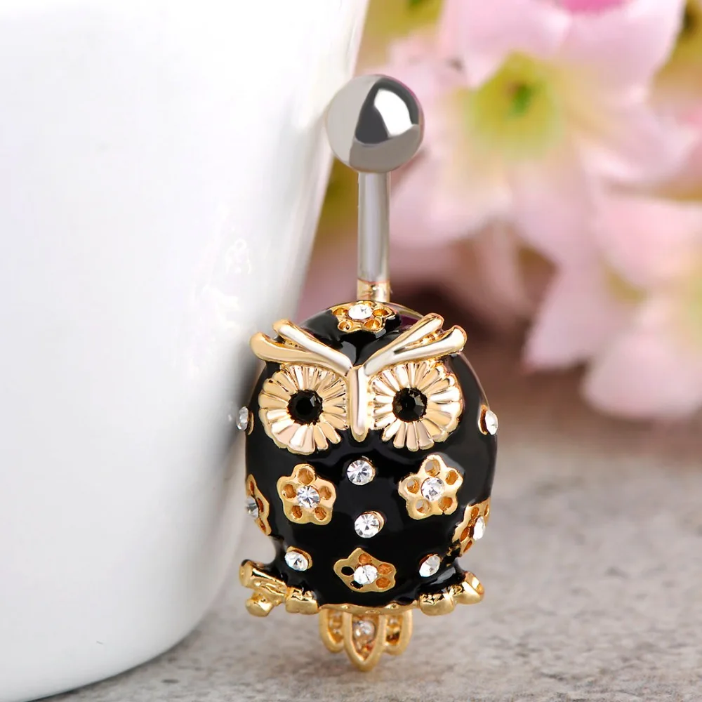 Эмалированная черная сова цветок пирсинг ювелирное изделие со стразами животное