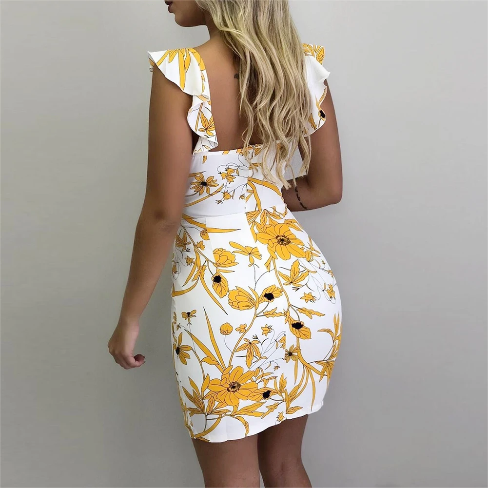 Women Dress Backless Party Floral Holiday Summer Elegant Mini Package Hip Fashion Slim Sexy Sling Ruffle Sleeve | Женская одежда
