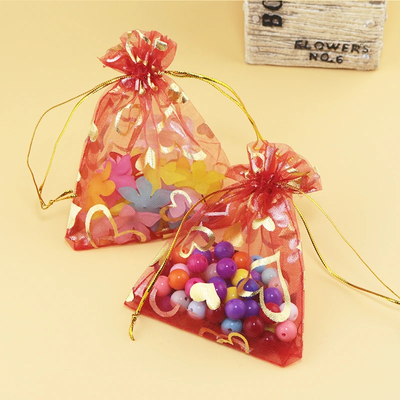 

Free shipping 100pcs 7x9cm red color Drawable Small heart Organza Bags Christmas Gift Bag Jewelry Packaging Pouches