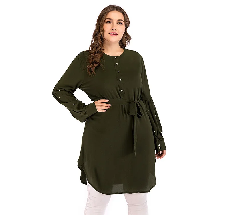 4XL 5XL размера плюс женские блузки зеленые летние с бусинами с длинным рукавом и пуговицами Туники женские топы индонезийская длинная шифоновая блузка