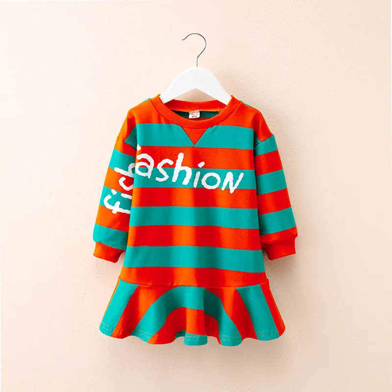 Детское платье с длинными рукавами для девочек на весну-осень модное в полоску