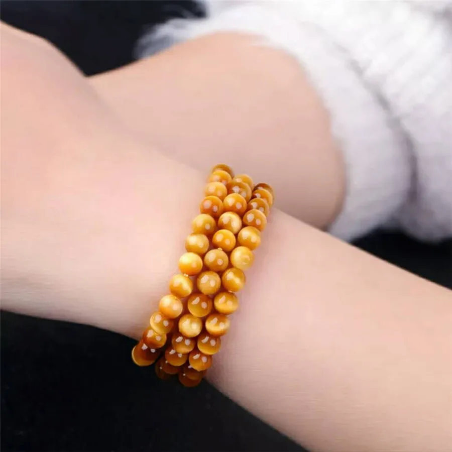 Genuine Natural Gold Tiger Eye Gems Stone Bracelets For Women Men Crystal Three Laps Round Bead Bracelet 6mm 8mm | Украшения и
