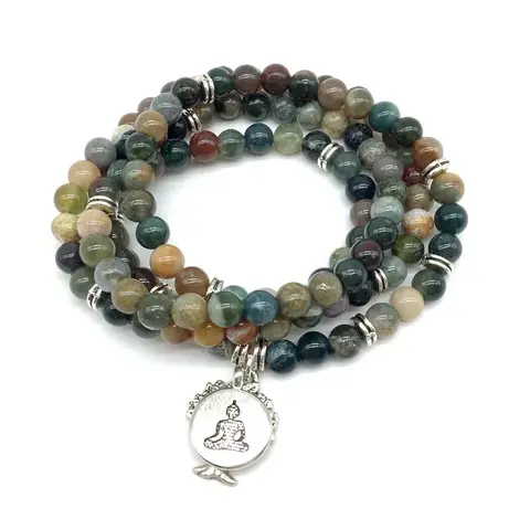 73 см, модный браслет для йоги для женщин, каменные бусины, браслет Mala, ожерелье, индийские Агаты, металлическое ожерелье для йоги, серебряный цвет