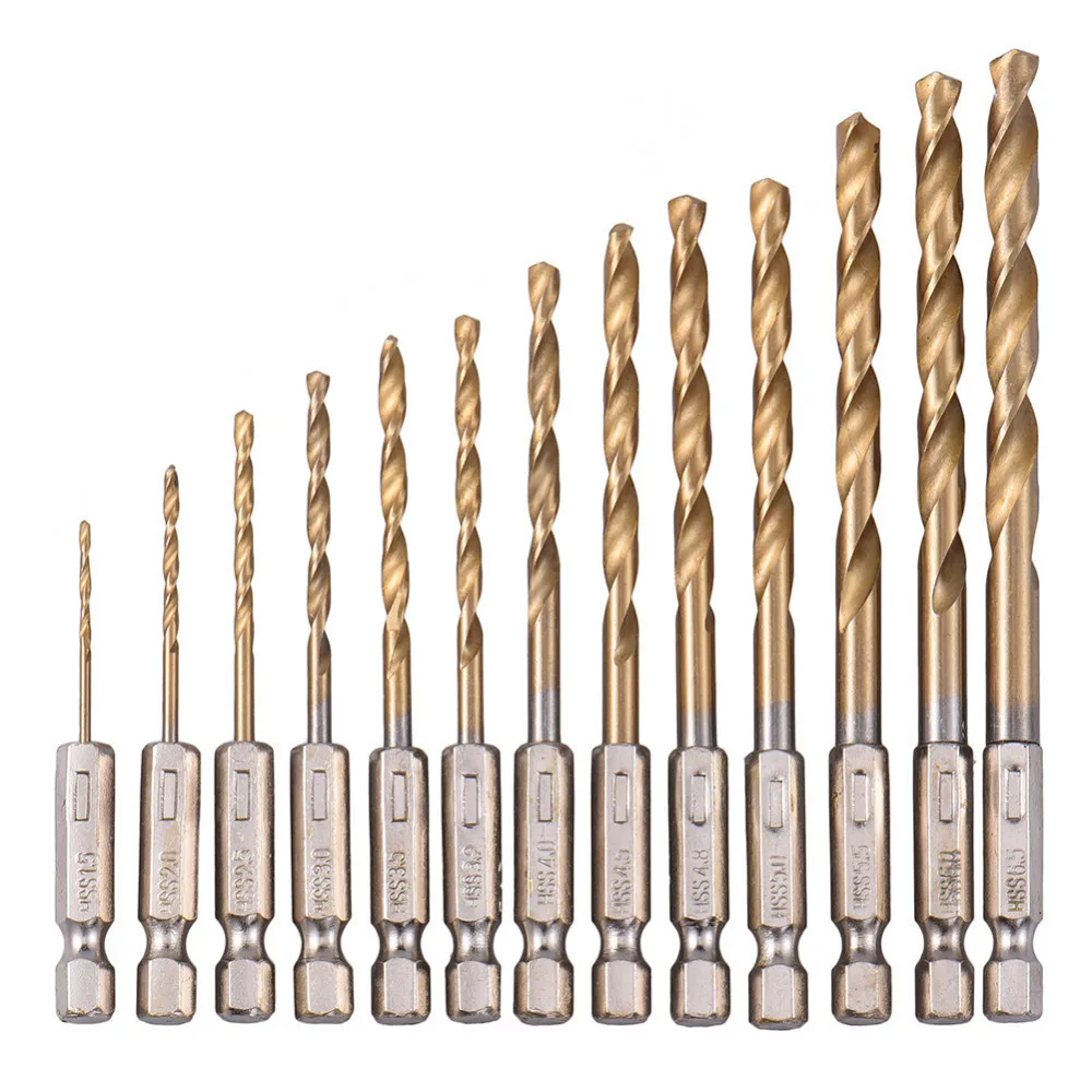 13pcs High Speed Steel HSS Drill Bits Set Titanium Coated Woodworking Tools 1.5-6.5mm | Инструменты