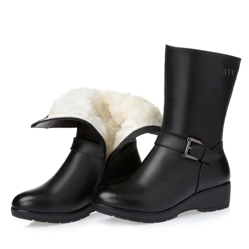 

TIMETANG Size 25-62 Women Warm Wool Winter Genuine Leather High Boots Fashion Ladies Thick Heels Woman Round Toe Shoes Womens