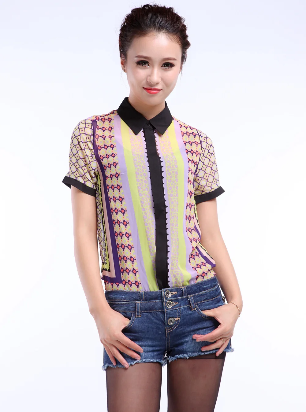 

New 2019 Fashion Short Sleeve Print Blouses Shirts For Women Casual OL Summer lapel geometric patterns Tops S-L