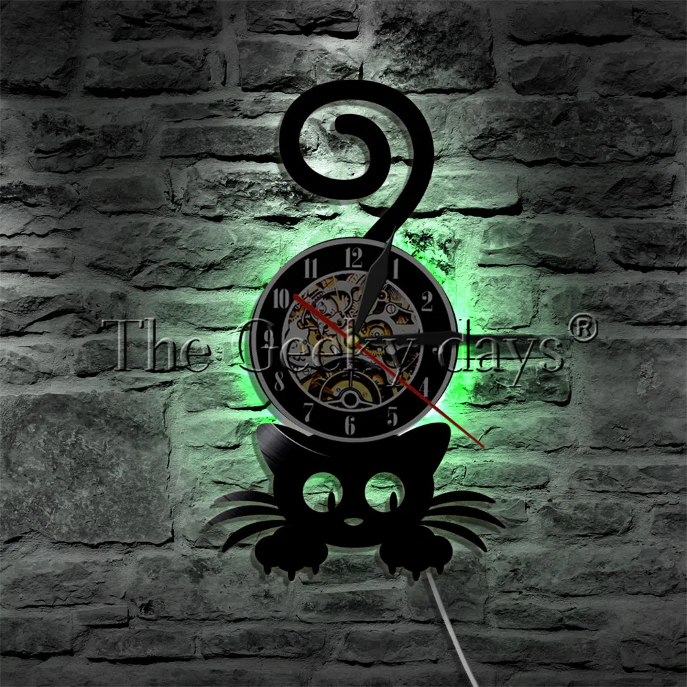 Черная кошка виниловых пластинок настенные часы Wall Art котят Животные ПЭТ декор