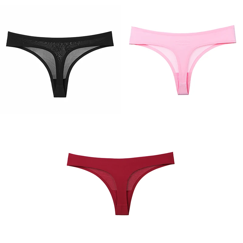 black pink red Сексуальные стринги Женское нижнее белье бесшовные 3 шт стринги женские T-back мягкие новые продажи твердые стринги Нижнее белье для женщин BANNIROU - Цвет: black pink red
