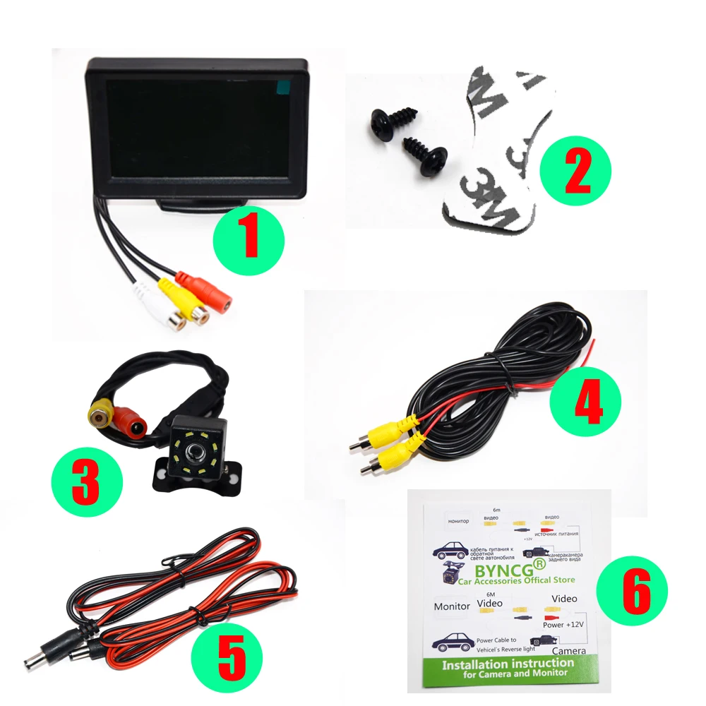 BYNCG 2In1 Car Parking System Kit 4.3&quot TFT LCD Color Rearview Display Monitor + Waterproof Reversing Backup Rear View Camera |