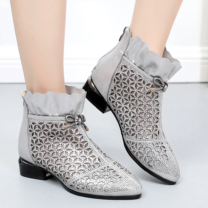 

ZXRYXGS Women Summer Boots Fashion Sandals 2019 Pointed Rhinestone Mesh Real Leather Sandals Women Sandal Shoes Shoes Size 33-43