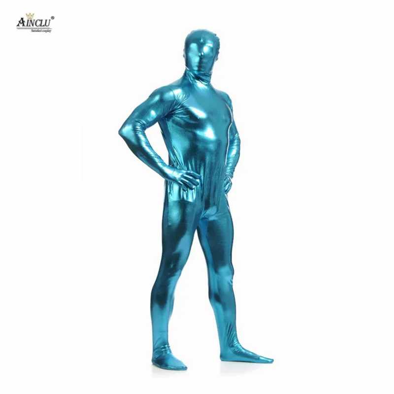Синий клей Ainclu цельнокроеный металлический Zentai для хеллоуина блестящий спандекс