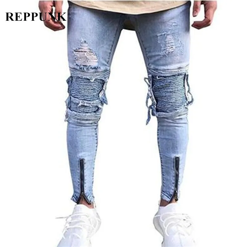 REPPUNK 2019 новая уличная одежда хип хоп стиль мужские дизайнерские байкерские джинсы Рваные Узкие повседневные