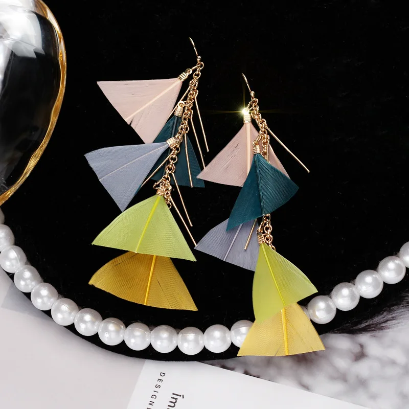 DREJEW Bohemian Triangle Feather Long Colorful Statement Earrings Christmas 925 Alloy Drop Sets for Women Jewelry 3100 | Украшения и