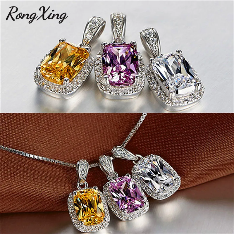 RongXing серебро цвет белый/розовый/фиолетовый/желтый циркон кулон ожерелье для