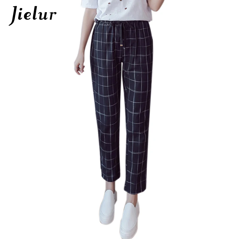 Jielur 2018 Новый Винтаж плед Для женщин брюки Повседневное корейские узкие женские