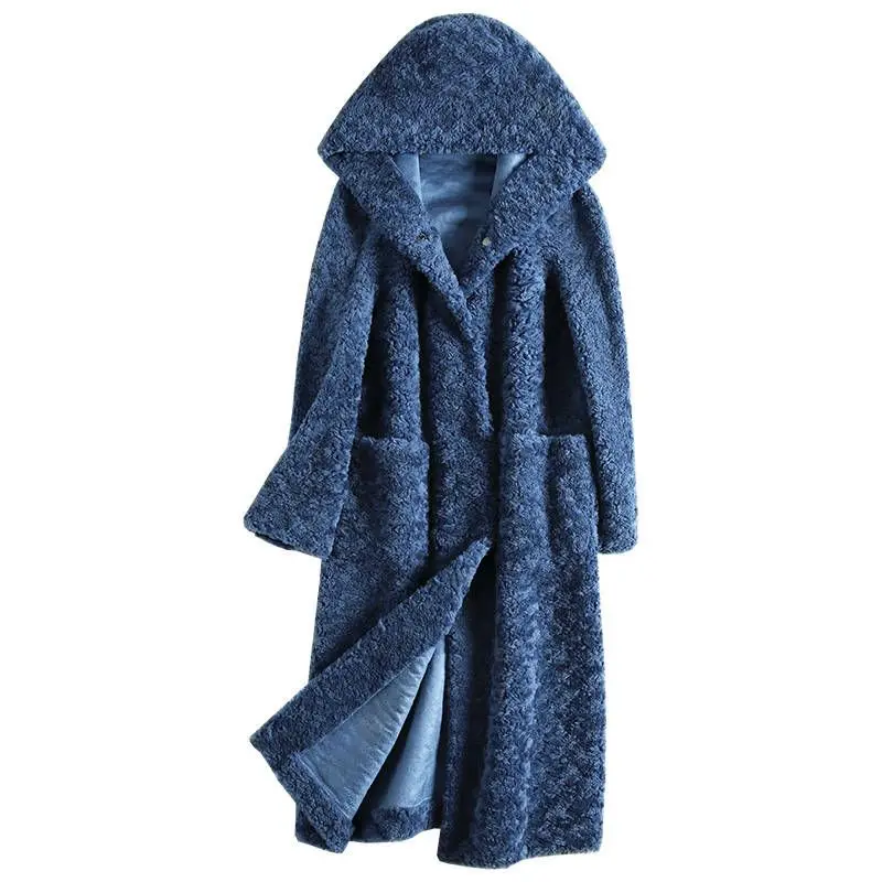 

2019 Winter Women Real Fur Coats Female Genuine Fur Hooded Sheep Shearing Fur Jackets Warm Thicken Long Jackets Two Side X02