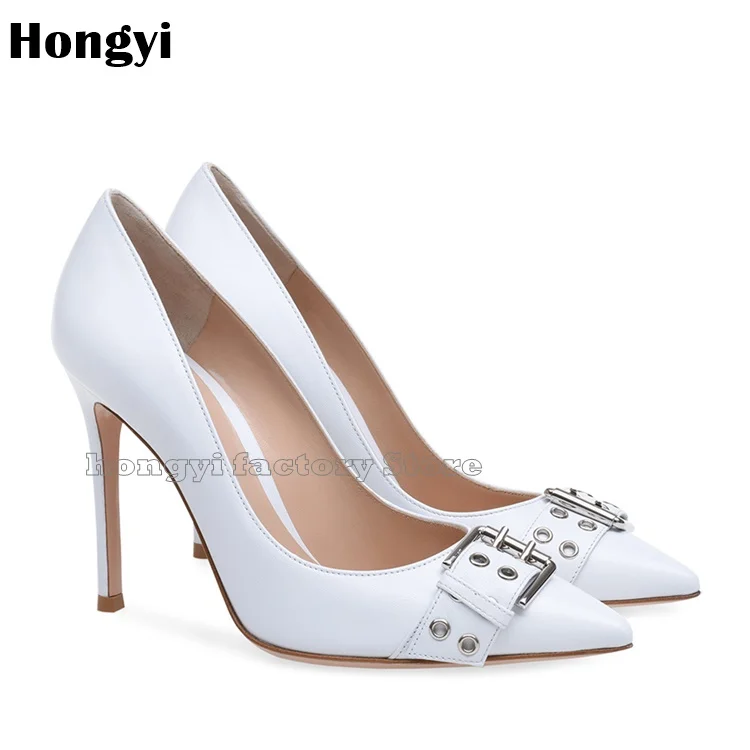 

Fashion White Leather Silvery Metal Buckle Shoes High Heels Italian Euro Designer Pumps New Heels Shoe Heel Women