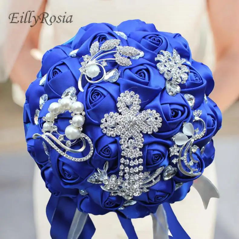 

Royal Blue Bridal Bouquet for Bride Bridesmaid Elegant Jewelry Brooch Custom Made Color Satin Roses Wedding Bouquet de la mariee