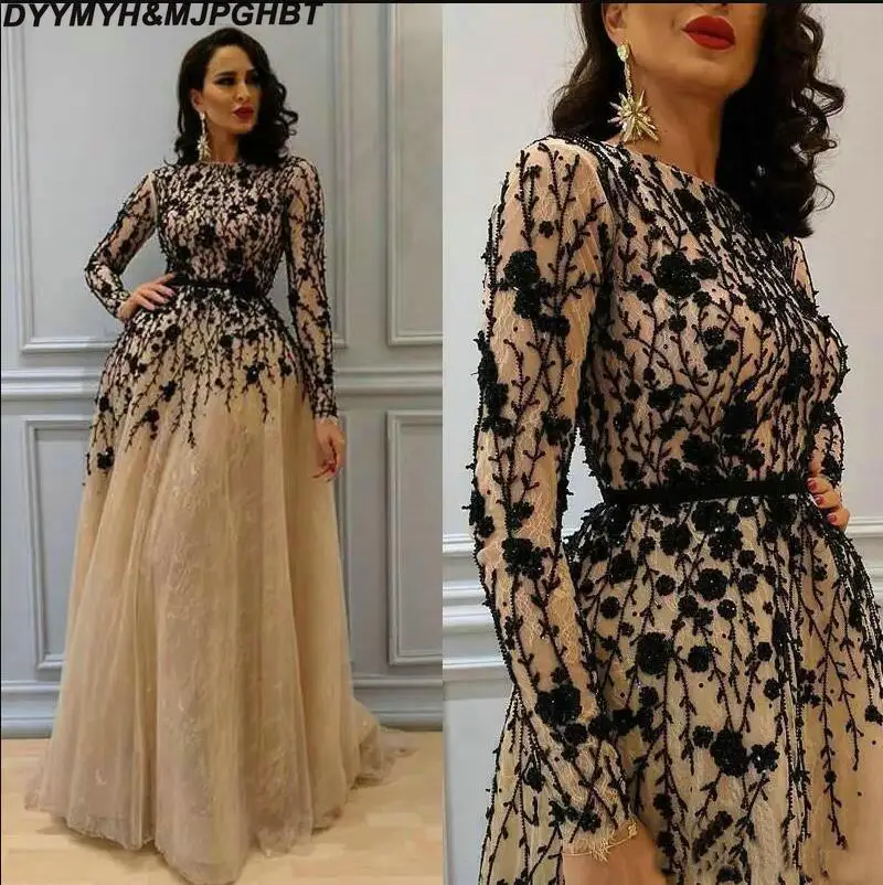 

2019 Gorgeous Beaded Evening Dresses Long Sleeves Full Lace A-line Prom Dress Champagne Custom Made Special Occasion Dress