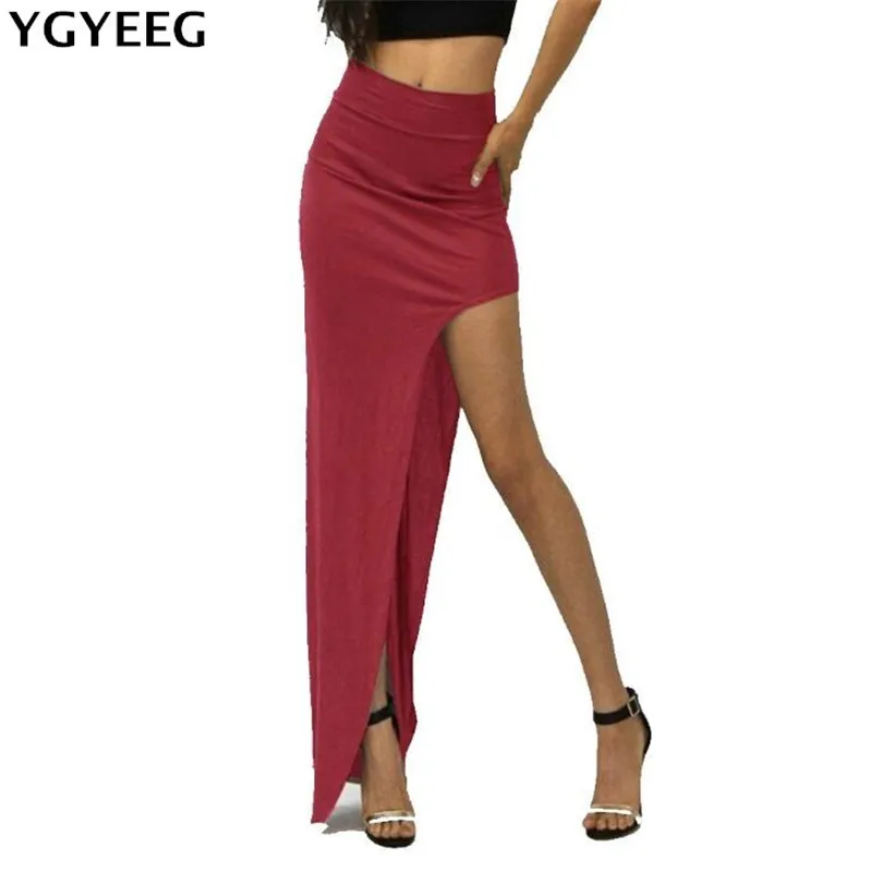 Женская длинная юбка с разрезом YGYEEG черная хаки серая сбоку 2019|maxi skirt black|long maxi