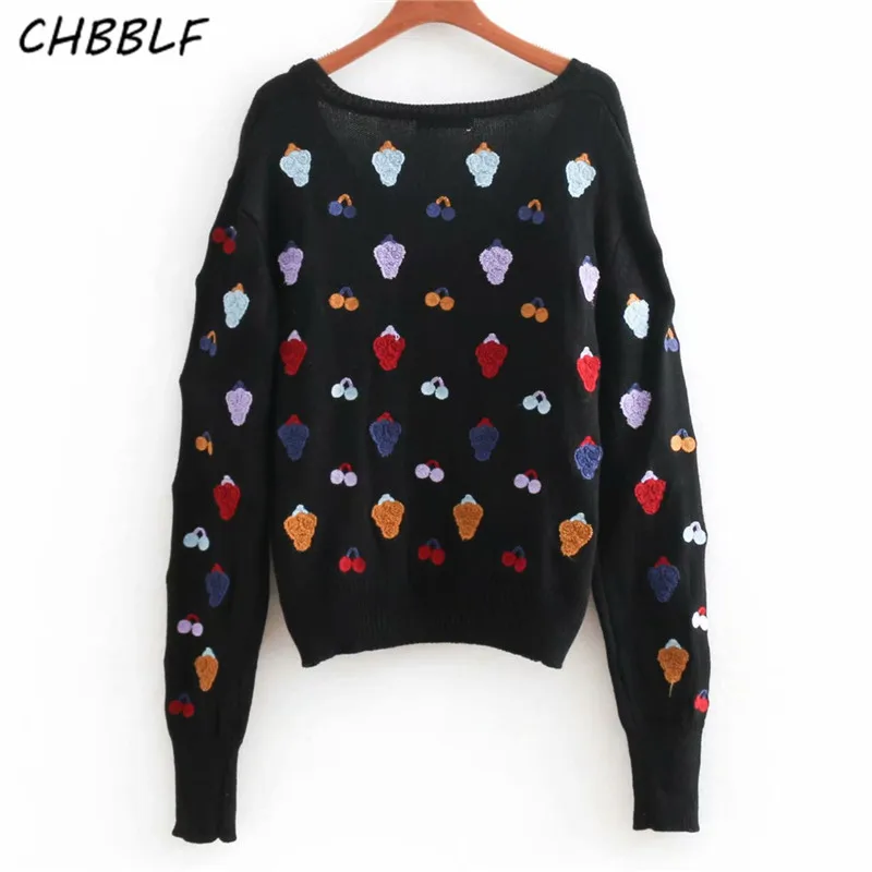CHBBLF women V neck fruits embroidery sweaters long sleeve stretchy pullovers stylish female casual chic tops BGB8606 | Женская одежда