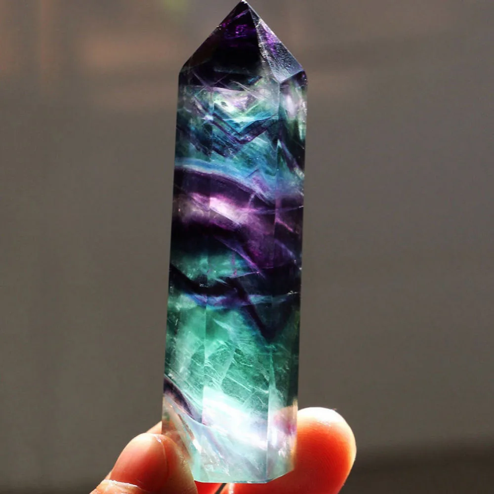 

4-6.4cm Natural Fluorite Crystal Colorful Striped Fluorite Quartz Crystal Stone Point Healing Hexagonal Wand Treatment Stone
