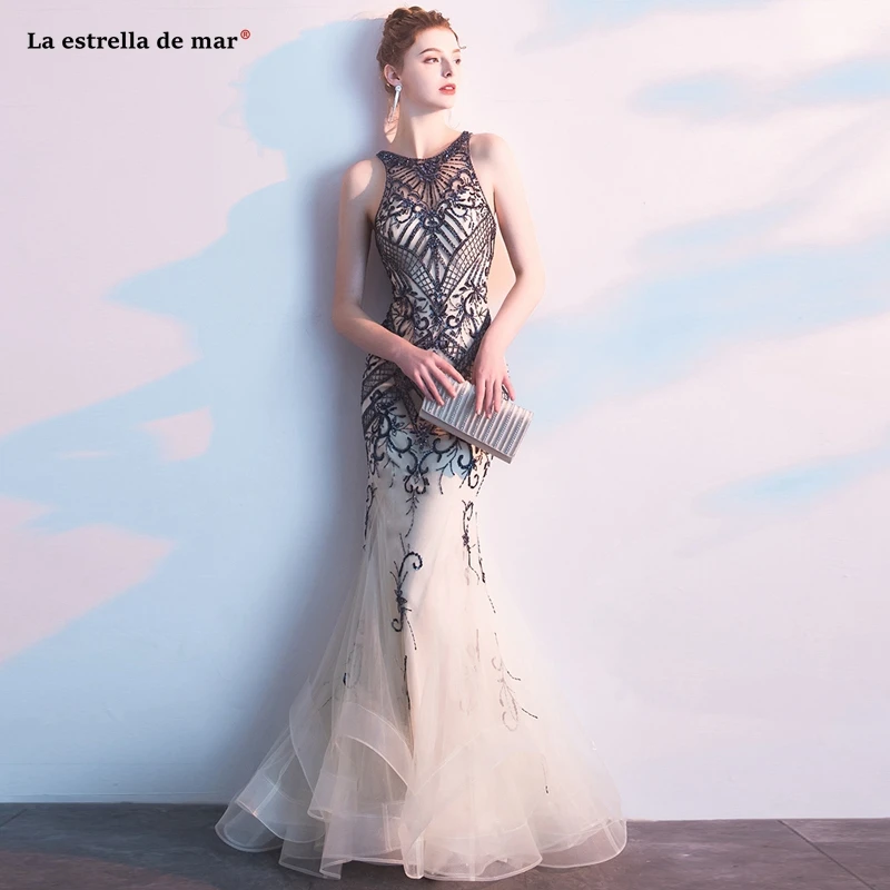 Goedkoop Abendkleider Lang Nieuwe Tulle Crystal Luxe Champagne Sexy Mermaid Turkse Avondjurken Luxe Vestido Longo Festa Noite Custo