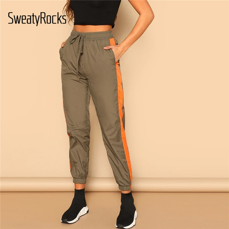 SweatyRocks контрастная сторона эластичный подол Ветер Брюки Для Женщин Colorblock активная одежда зауженные брюки Весна Повседневные Брюки Капри