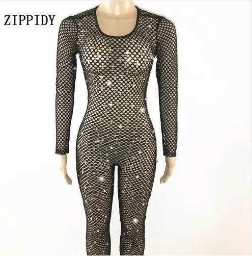 Fashion Black Grid Hollow Crystals Jumpsuit Sexy Dance Wear Bodysuit Women's Evening Party Female Singer Costume Show Outfit