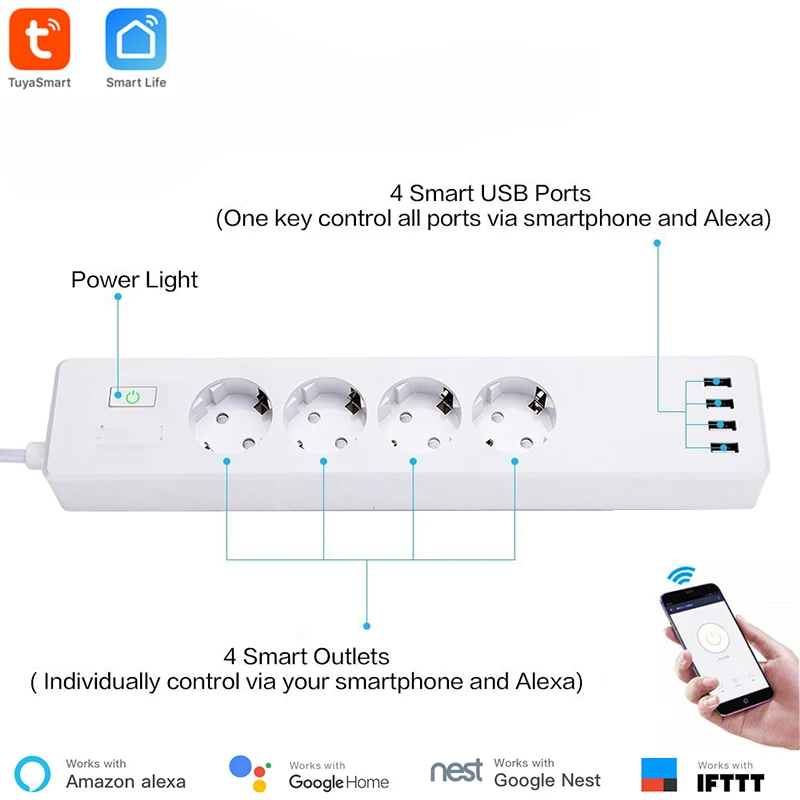 Умный блок питания Tuya с 4 USB-портами, Wi-Fi, управление через приложение, тип F, 4 розетки, индивидуальное управление Alexa/Google Home, голосовое управле... от AliExpress RU&CIS NEW