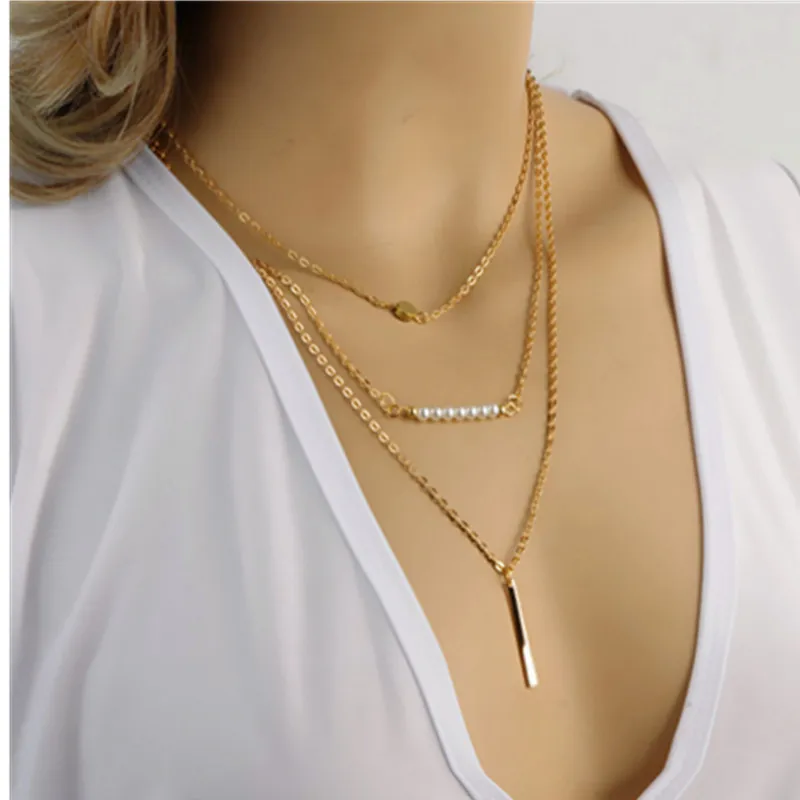 Fashion Gold-color Chain Pearl Long Pendant Necklaces Multi-layered Metal For Women Elegant Ladies Jwwelry x156 | Украшения и