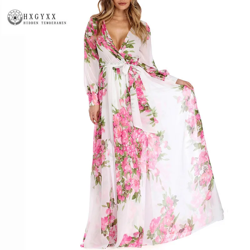 Женское пляжное макси платье Boho длинное шифоновое с цветочным принтом