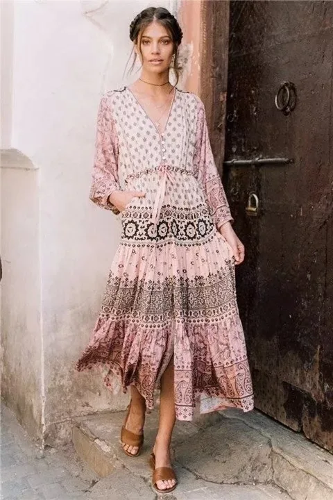Свободные печати Boho Макси женское платье длинные летние винтажные пляжные платья V образным вырезом Пояса Вечерние Vestido