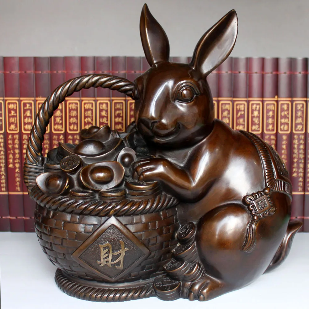 

Chinese Folk Culture Pure Handmade Old Bronze FengShui Lucky Rabbit Statue