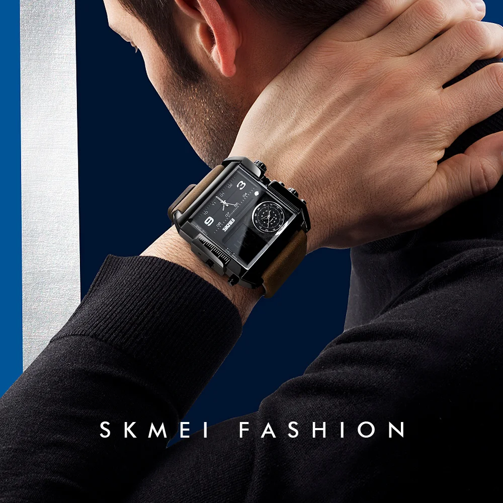 SKMEI Luxury Watch Men Quartz Wristwatches 3Bar Waterproof Leather Strap Big Dial Business LED Digital Sport Clock New | Наручные часы