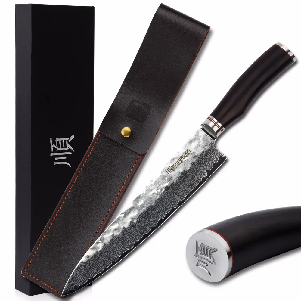 

Ножи шеф-повара YOUSUNLONG Gyuto, 10 дюймов, японские, VG10, дамасская сталь, ручка из черного дерева с кожаными ножнами